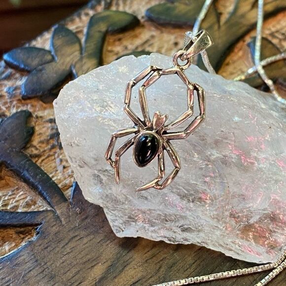 Onyx Spider Necklace-Sterling Silver Chain - Picture 2 of 5